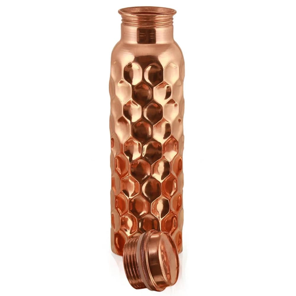Puur Koperen Waterfles Gehamerd Diamant 900ml Ayurveda