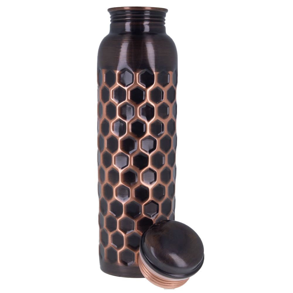 Puur Koperen Waterfles Gehamerd Diamant Antiek 900ml Ayurveda