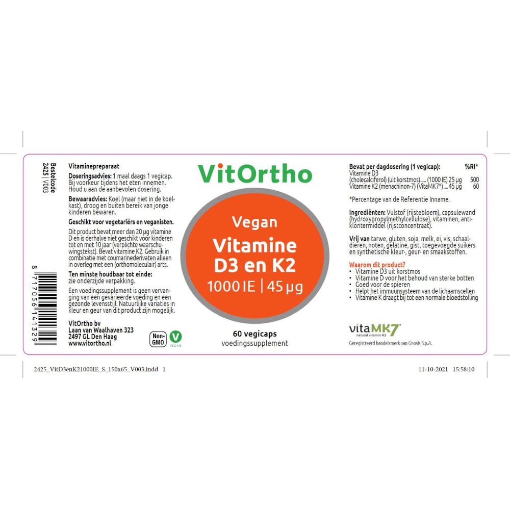 Vitamine D3 1000 IE en K2 45 mcg Vegan label-min